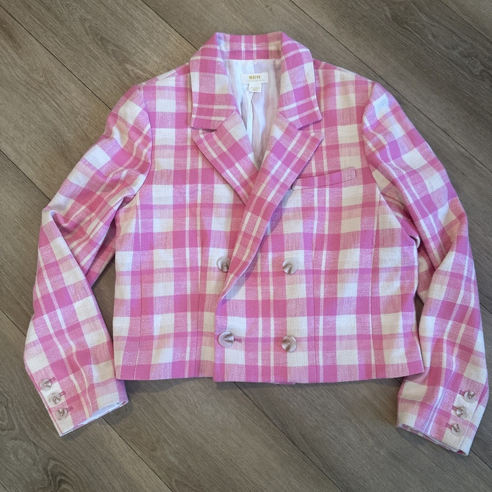 Maeve Pink Plaid Blazer Cropped White Lined Double Breasted Trendy X-Large NWT